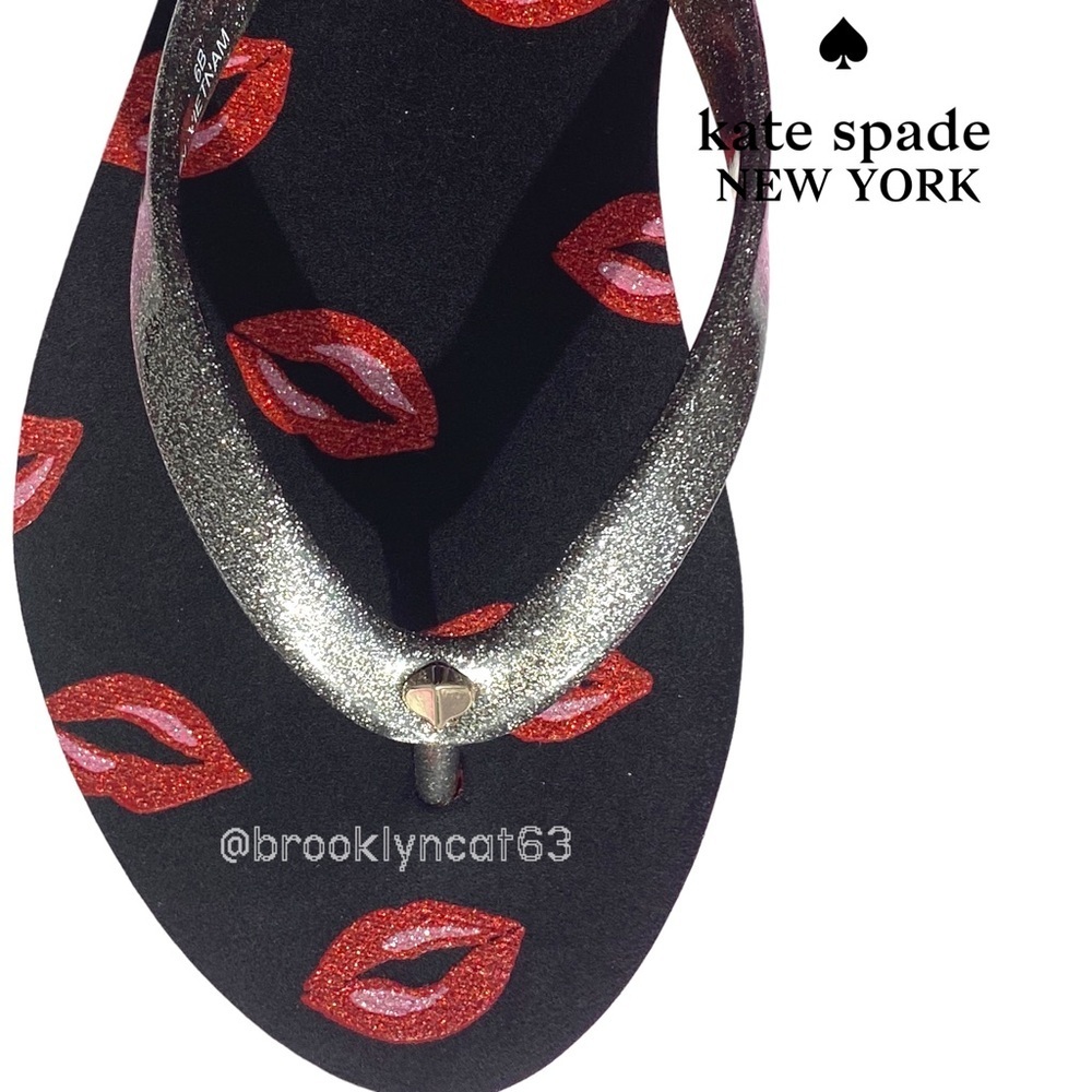 Kate Spade New York Fiji Flip Flops Sandals Lips Lingonberry Black Red SZ 6 - Picture 7 of 11